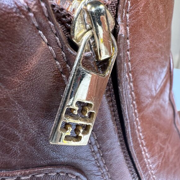 Tory Burch Milan Brown Leather Wedge Ankle Boots Size 6.5M Side Zip Logo Buckle - Picture 8 of 13